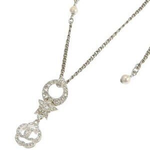 CHANEL CC Logo Rhinestone Pearl Star Flower Necklace 22" Silver Tone C20P Auth